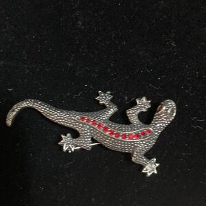 EMMONS SILVERTONE RUBY RED RHINESTONE GECKO LIZARD BROOCH 1950's